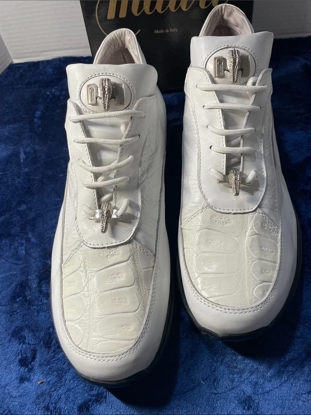 Mauri Napa white Leather and crocodile skin sneakers, size 13, in box.